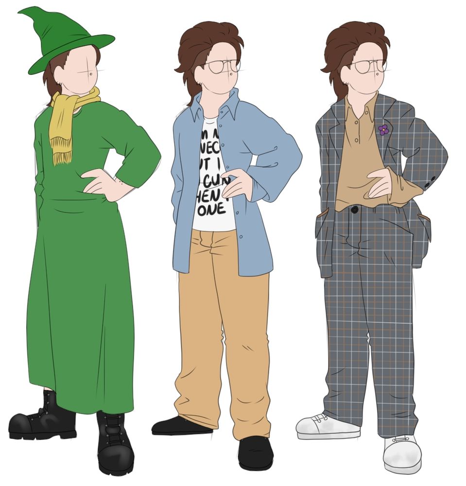 an image of a blank human figure modelling three outfits. the first wears a green witch hat and sleeved dress, a yellow scarf and black boots, similar to the character snuffing from the moomins. the second wears a baggy denim button down shirt with a graphics t-shirt underneath, beige trousers and black flat shoes. the last wears a baggy, long sleeved beige polo shirt, a two piece blue, brown and white checked suit and white trainers. the second and last figure wear aviator glasses but the first figure does not.