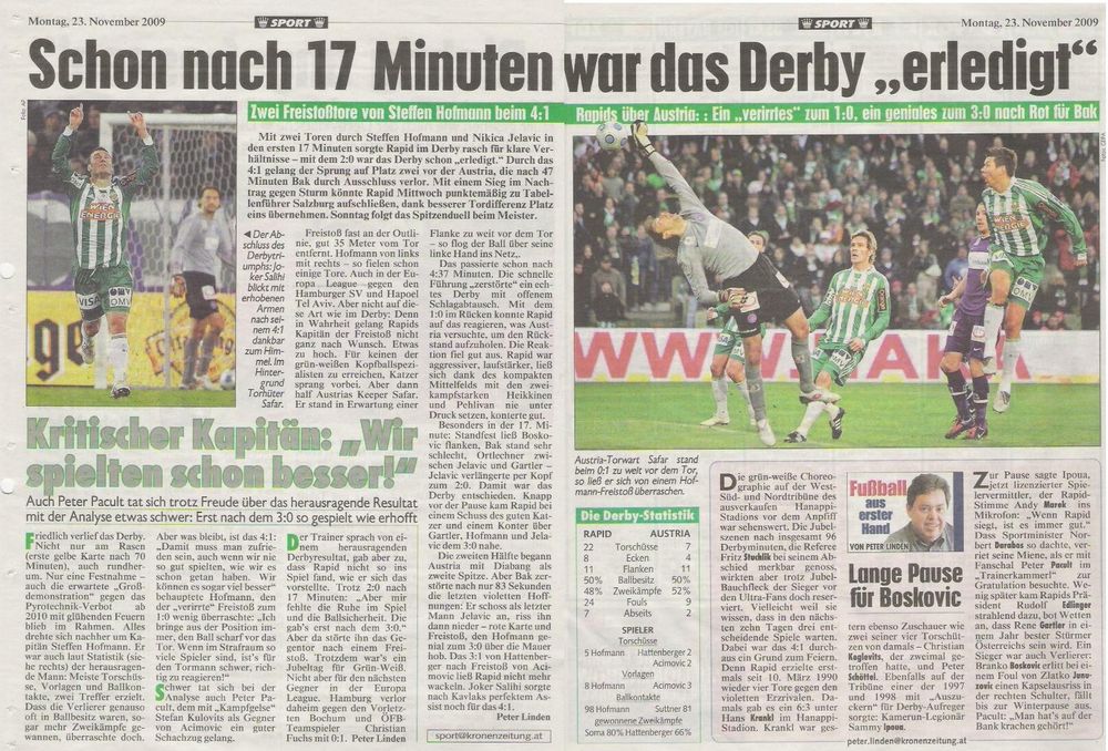 Krone-Zeitungsbericht über das Derby: Schon nach 17 Minuten war das Derby erledigt.