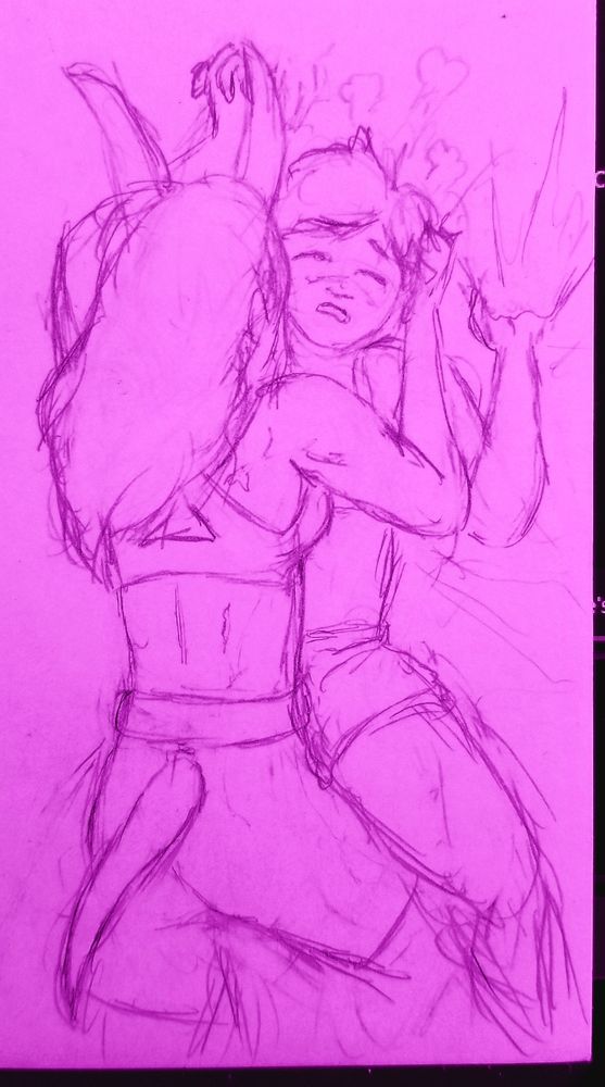 A human and draenei woman making out on a bed. The draenei is mashing their thighs against each other while pulling her partner closer to kiss her neck. The human, for her part, clutches at the bedsheets and pants hotly 