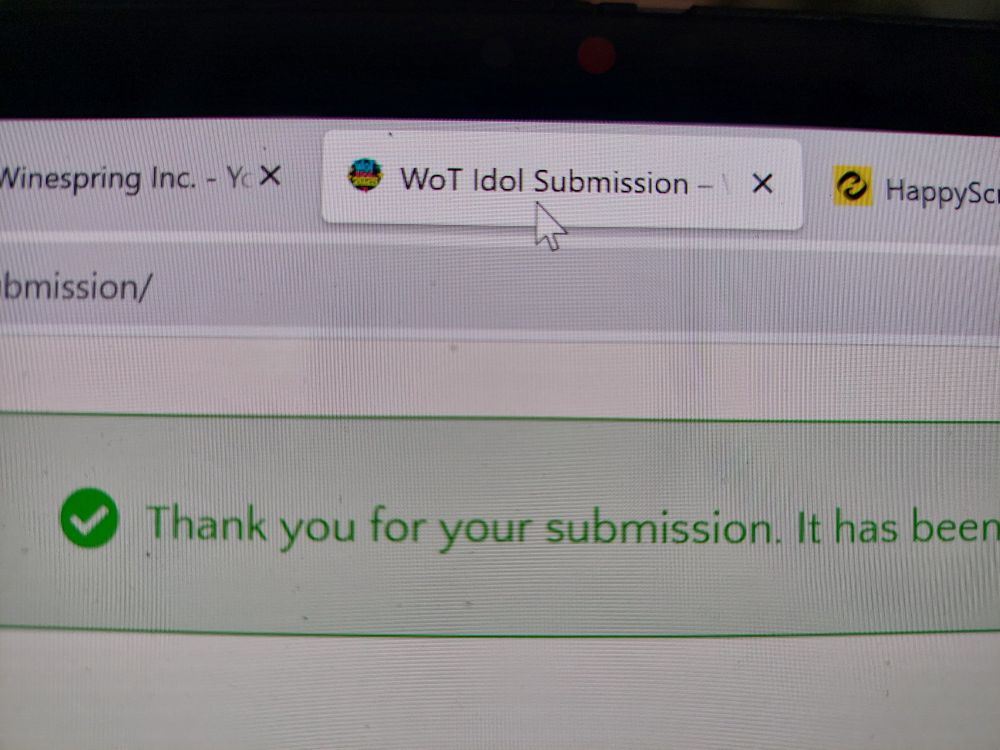Screenshot of a browserwindow with the WoT Idol website open and a green message which says: thank you for your submission.