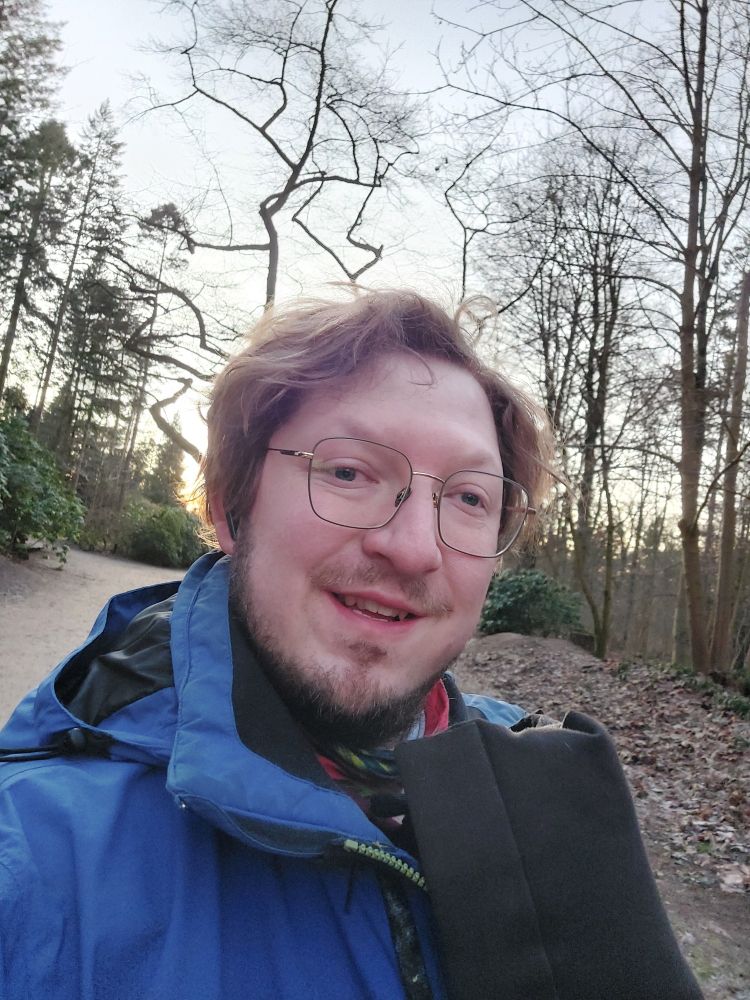 A selfie of myself, a mid 30s man, with glasses. I am wearing a blue jacket with an extension so I can carry my child in the warmth. behind us is a sunset and a forest with one particularly mystical looking treee