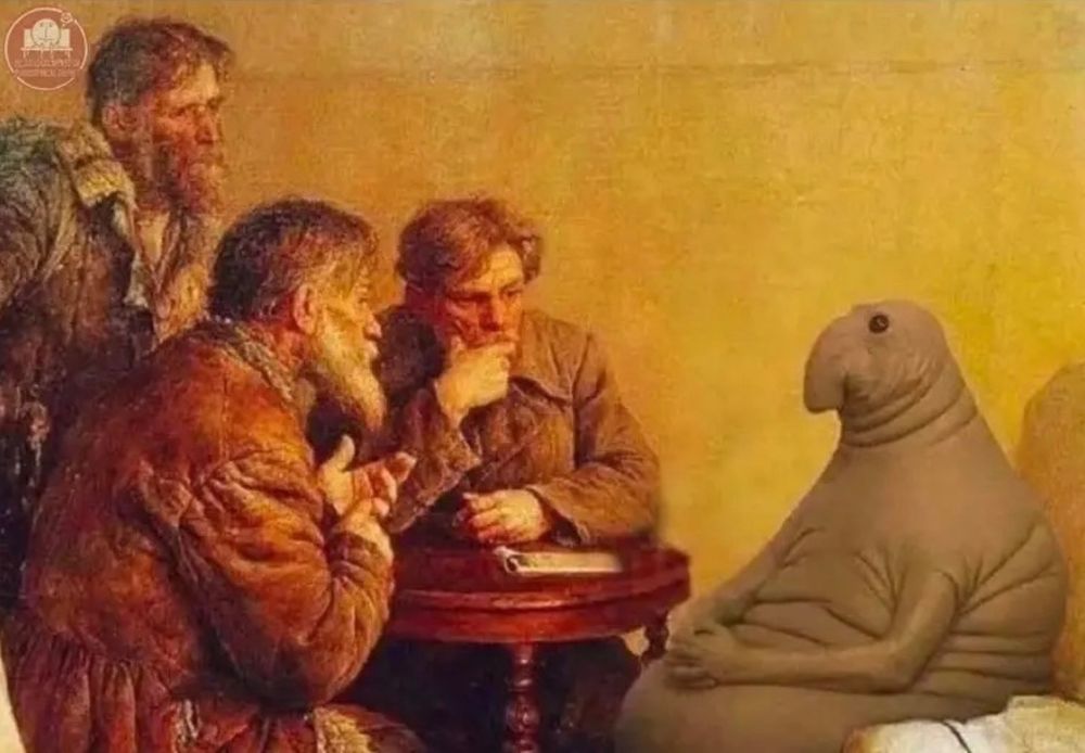 A human sized tardigrade sits quietly in a chair, its hands folded in its lap. Across the small wooden table three wise scholars stare in confusion, uncertain, and wanting information.