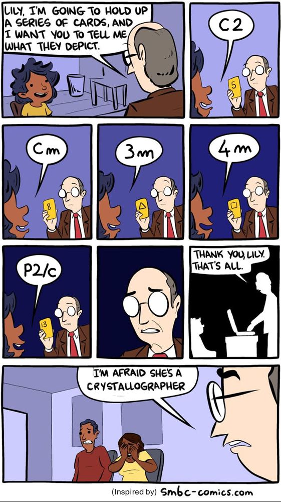A comic strip shows an analyst performing a psychology test on a child. "Lily, I'm going to hold up a series of cards and I want you to tell me what they depict.“ - he says. He raises a yellow card showing the number "2", the child replies "C2". He raises an "8", she says "Cm". A triangle, she says "3m"; a square, she says "4m“. He concludes with the number “13”, she responds “P2/c”. Visibly worried, the analyst closes his briefcase and concludes: “Thank you, Lily, that’s all.” The strips ends with him going to visit her parents in the waiting room and telling them “I’m afraid she’s a crystallographer”. The parents are visibly troubled by the news.