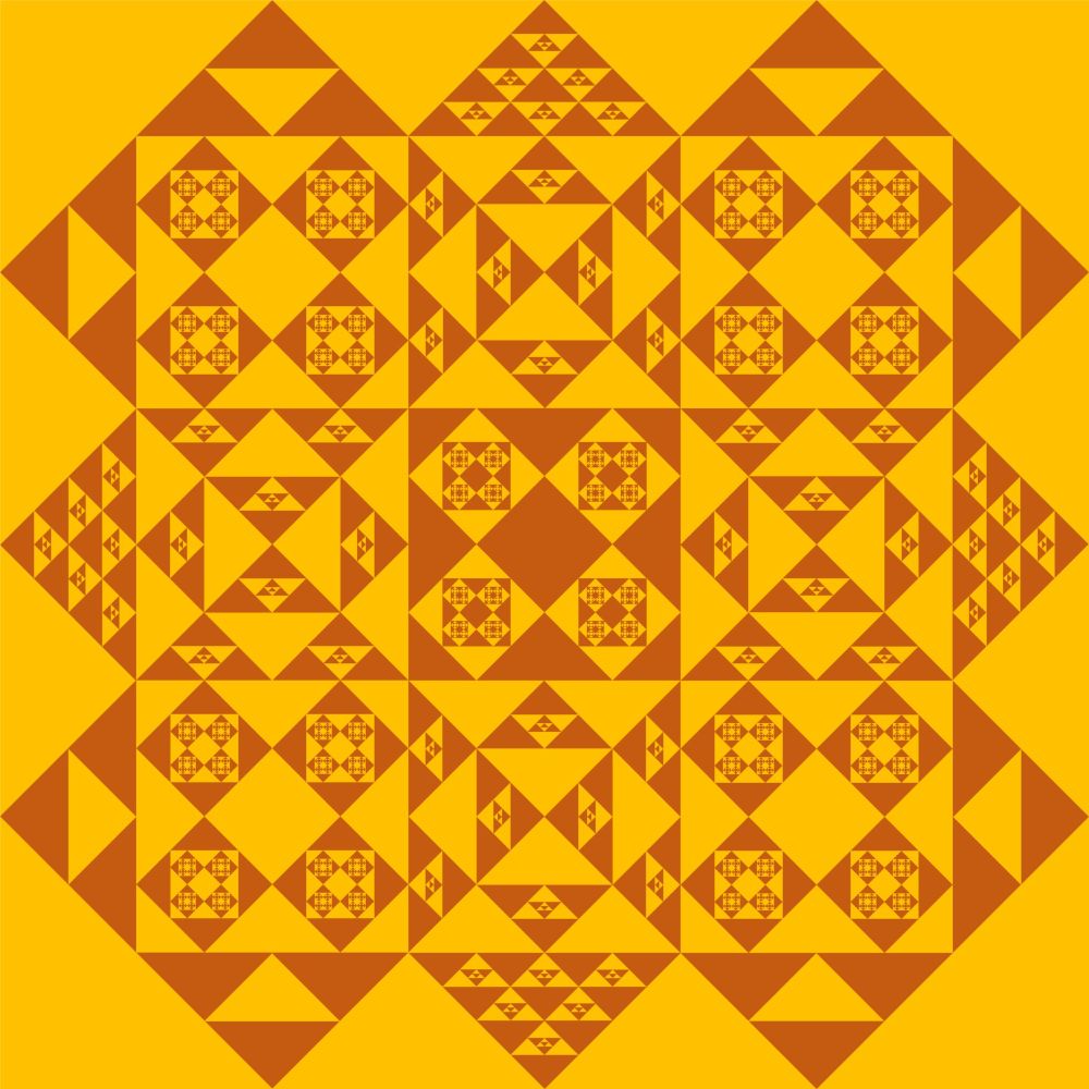 An intricate combination of triangles and squares, regular but irregular at the same time, reminiscent of a fractal structure, but with evident violations to be called one.