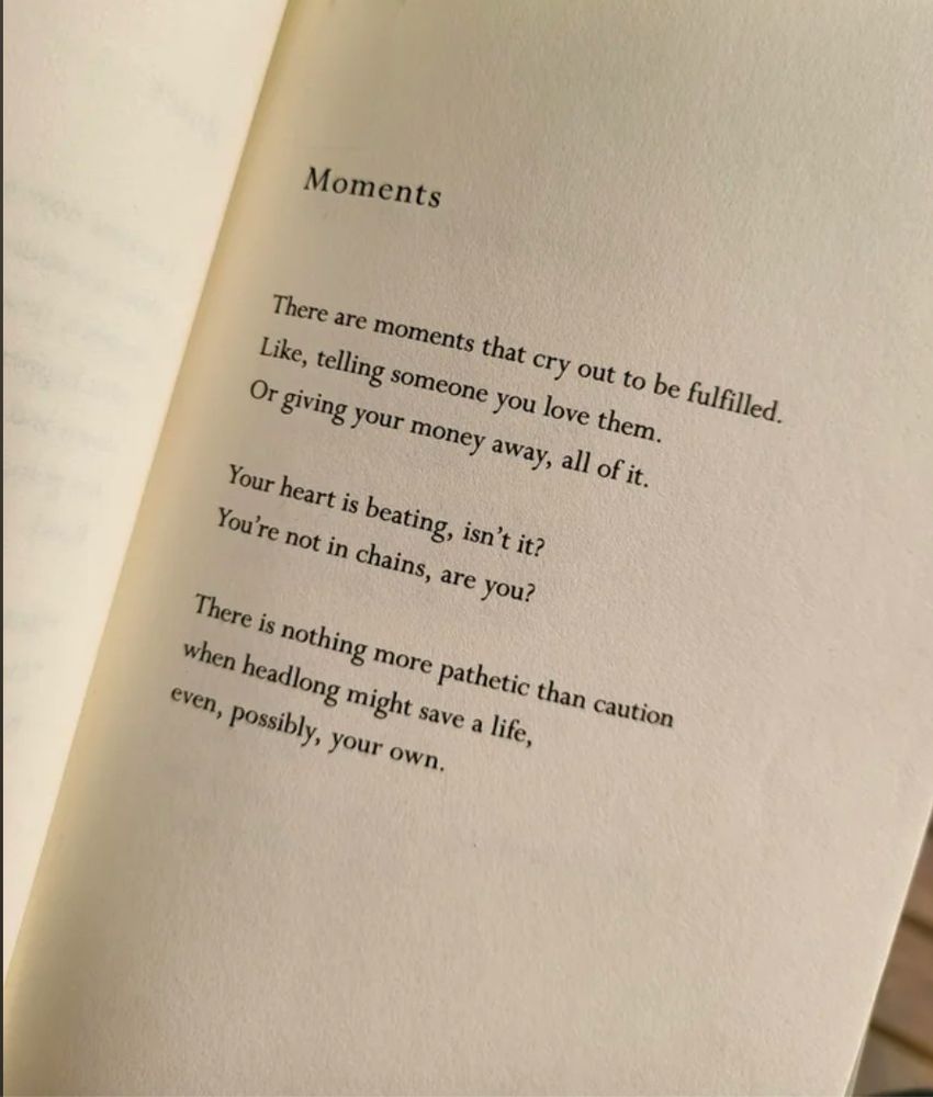 Moments
There are moments that cry out to be fulfilled.
Like, telling someone you love them.
Or giving your money away, all of it.
Your heart is beating, isn't it?
You're not in chains, are you?
There is nothing more pathetic than caution when headlong might save a life, even, possibly, your own.