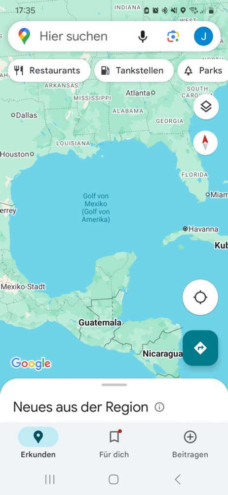 Karte des Golf von Mexiko aus GoogleMaps mit der falschen, international nicht anerkannten zusätzlichen Beschriftung "Golf von Amerika".