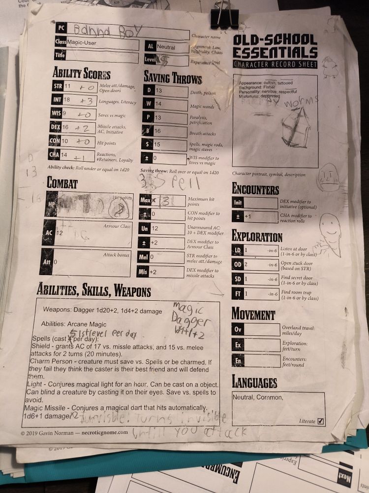 A well worn character sheet.