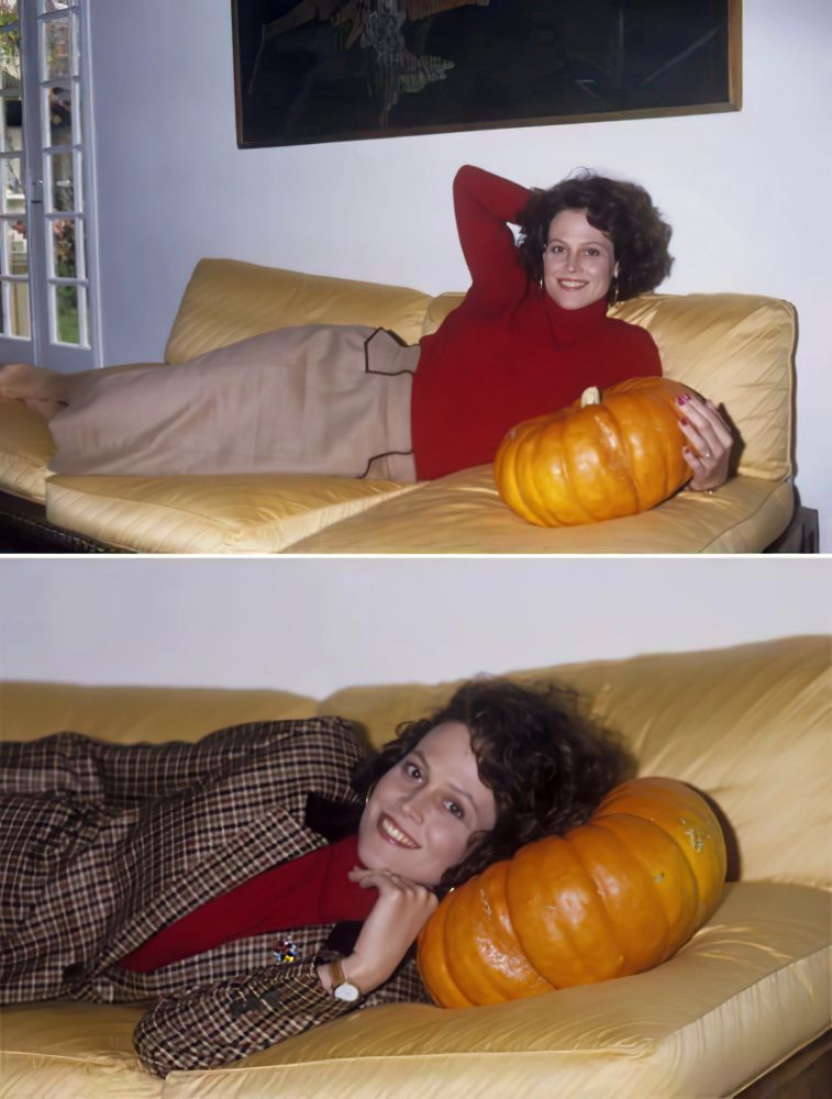 Sigourney Weaver passing with a pumpkin. 
She looks really happy.