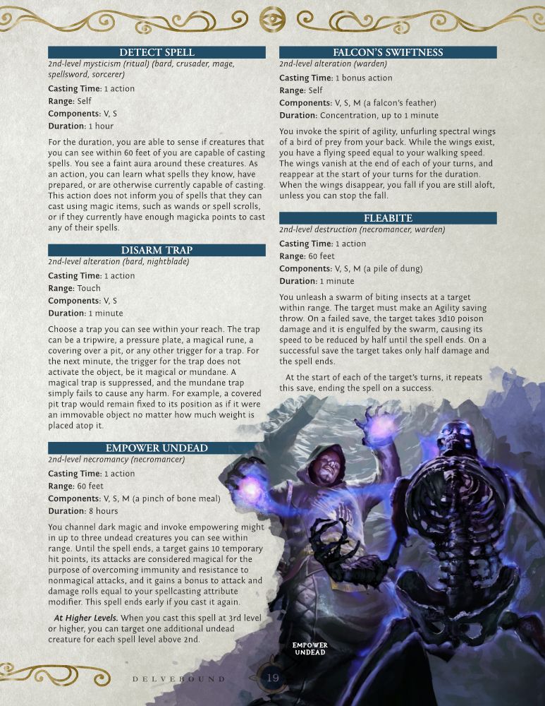 A sample page from the Mages Guild Arcanum, displaying the spells Detect Life, Disarm Trap, Empower Undead, Falcon's Swiftness, and Fleabite. Art work of a necromancer empowering a skeleton can be seen in the bottom right corner. 