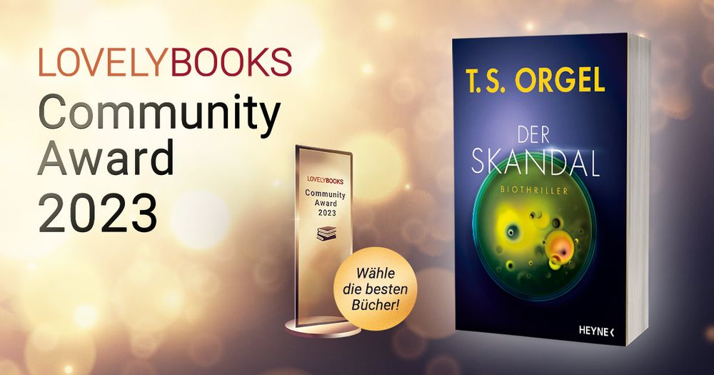 Werbebanner des Lovelybooks community award, das links den Award und daneben das blaue cover des romans Der Skandal zeigt.