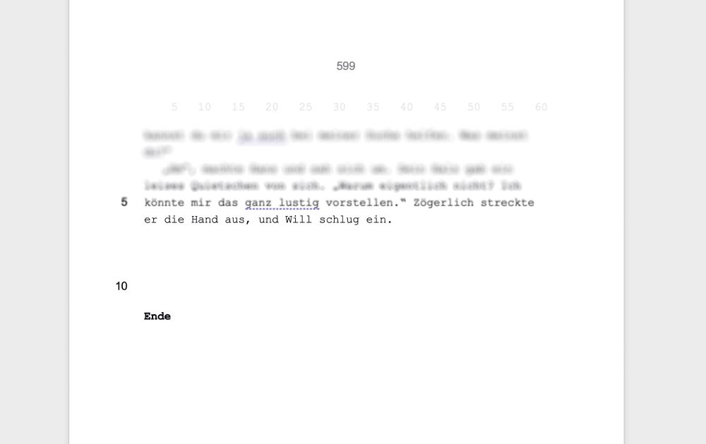 letzte Seite des neuen Manuskripts unseres romans. Der Screenshot zeigt die Seitenzahl: 599 und das Wort: Ende