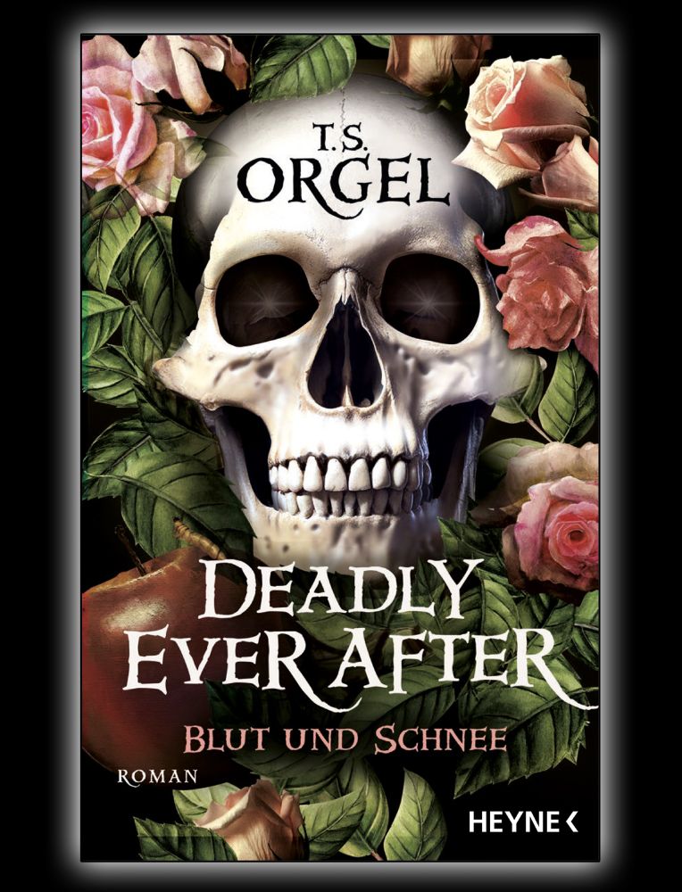 Cover zum T.S. Orgel-Roman "Deadly Ever After – Blut und Schnee"

Ein bleicher menschlicher Schädel, umrahmt von pinken Rosenblüten, Rosenblättern und einem faulen Apfel samt Wurm, zusammen mit dem Titelschriftzug, auf schwarzem Hintergrund