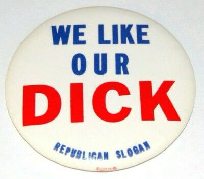 a photo of a richard nixon campaign button that says we love our dick 