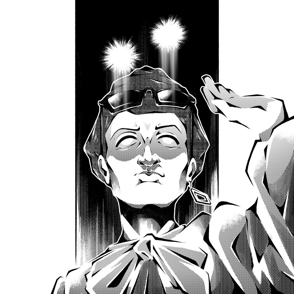 A black and white digital drawing of a white woman with an updo, a billowy white shirt, a single losange earring and a scarf loosely tied in a bow around her neck. Her hand is extended upwards and her sunglasses are up on her forehead, revealing two glowing orbs that are floating out of her eyes, which are completely blank. The overall style is akin to manga, with the use of many halftones.