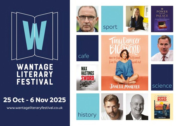 Wantage Literary Festival 25 Oct - 6 Nov 2025 with images of different authors that will be appearing.