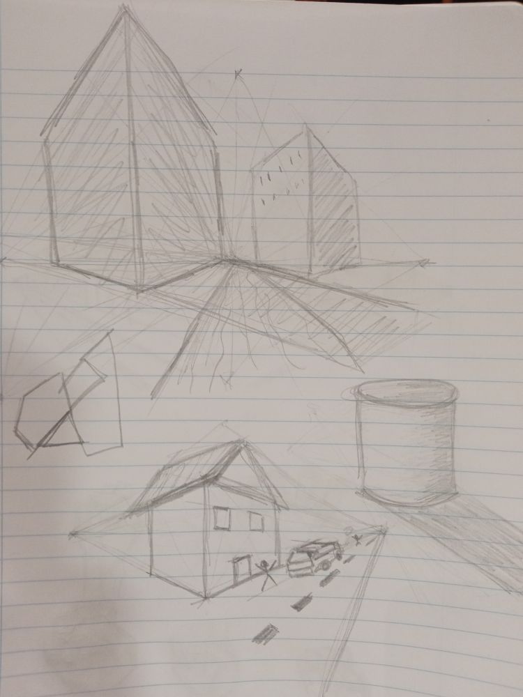 Estou tentando usar puntos de fuga. Arriba, un debuxo de dous edificios cun camiño polo medio no que tentei empregar tres puntos de fuga. Abaixo, unha casa ao carón dunha rúa para a que tentei empregar dous puntos de fuga. Tamén hai un cilindro out of context nun lado que intentei medio sombrear.