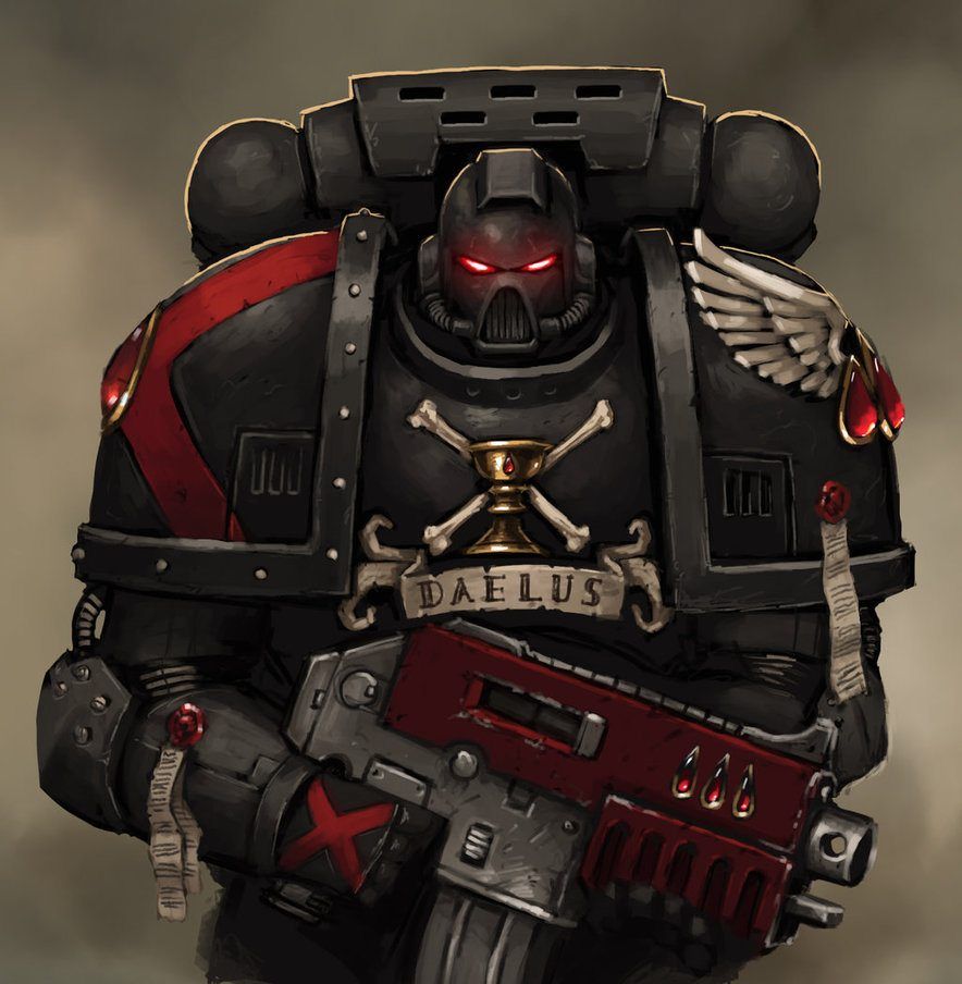 A Space Marine in black armor with red crosses and white wing icons.
Due to a genetic flaw, this marine is lost to the black rage, and will die gloriously in combat.