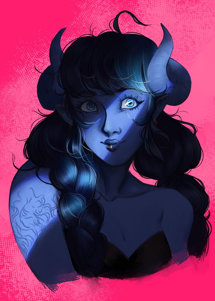 A bust painting of my friend's Dungeons & Dragons character. The subject is a blue-skinned tiefling girl with curled horns, blue eyes, and a lip piercing. Her hair is long, dark blue, and styled in two loose braids. She is dressed in a strapless black top with a sweetheart neckline, and she has a large, ornate burn scar on her right arm. There is a hard, diagonal band of light across her face and her right shoulder, while the rest of her is in shadow. One of her eyes is in the light, and it has a bright white highlight across the middle. The other eye is in shadow, and the pupil of that eye has a faint red glow. Her expression is smiling, but it's difficult to tell if she's entirely trustworthy. The background is a fluorescent pink, with a slight gauzy texture in places. 