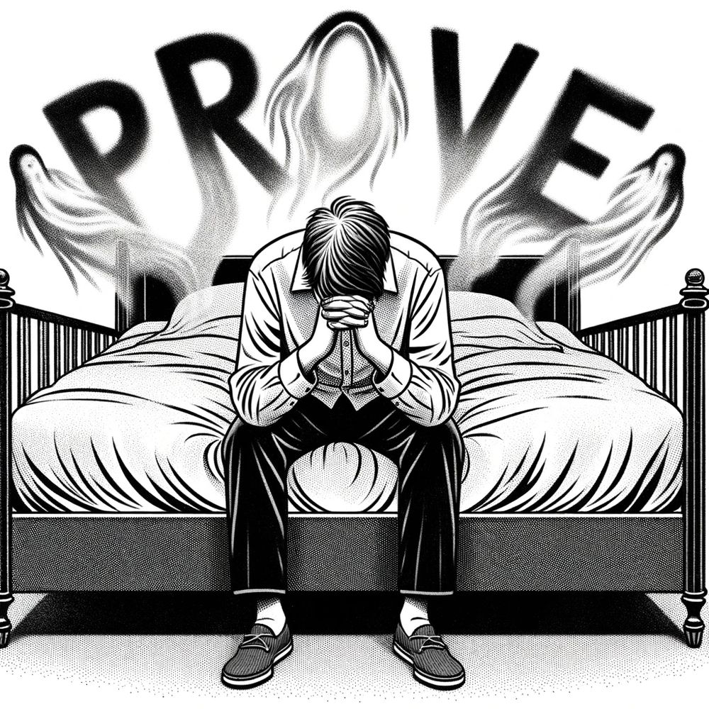 Illustration of a man sitting on the edge of a bed, head in hands, with ghostly letters spelling 'PROVE' hovering around him, casting a faint glow.