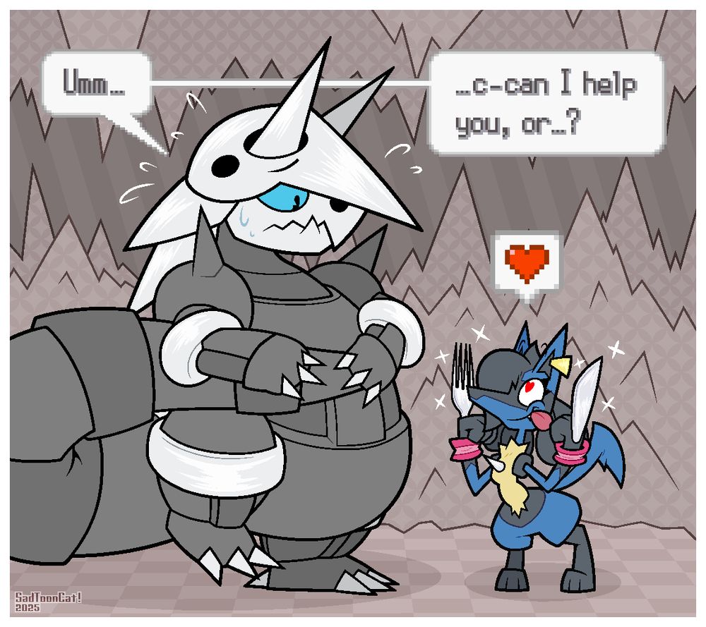Flurry the Lucario staring at a nervous Aggron with hungry intent! Her spikes are also morphed into the shape of a fork and knife.

Aggron: "Umm... c-can I help you, or...?"

(the Aggron has the ability Heavy Metal btw, so Flurry is *absolutely* gonna enjoy this >:3c)