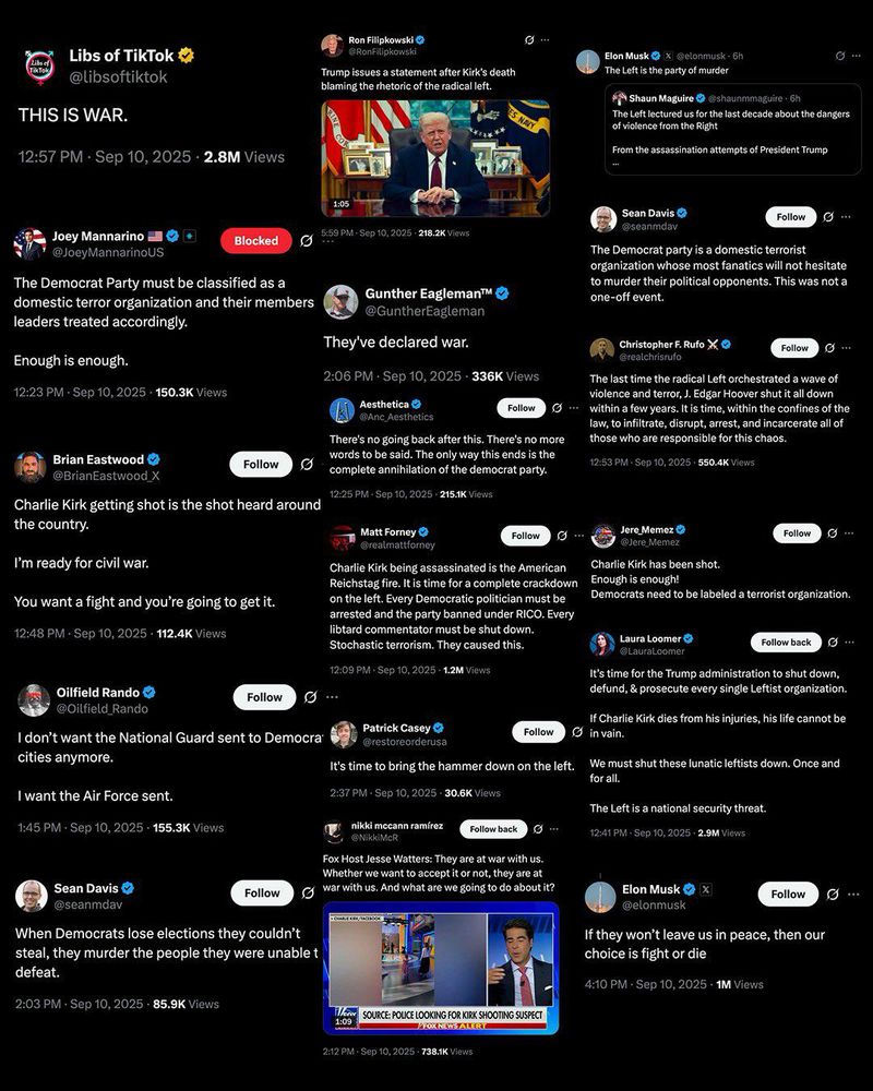 A collection of extremist messaging by Republican and MAGA leaders, including Donald Trump, Elon Musk, and Laura Loomer. All before the shooter was identified.