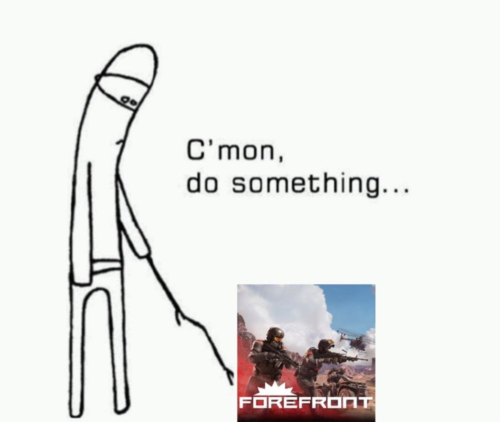 Man poking something with a stick meme, he is poking the forefront cover art - "c'mon do something..."