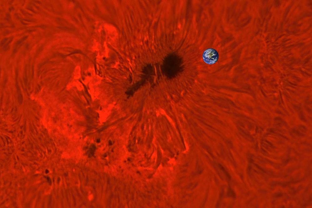 Fiery red image with filamentary structures all around. Dark spot above center showing a dark umbra and a slightly lighter penumbra. Superimposed photo of the Earth, around the same size perhaps a little smaller than the spot