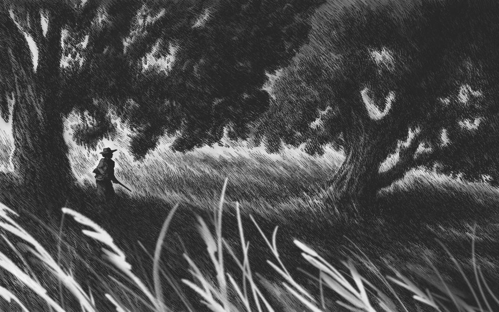 A greyscale illustration depicting a figure holding a rifle while walking under large cottonwood trees. In the foreground, a breeze flows through the long grasses.