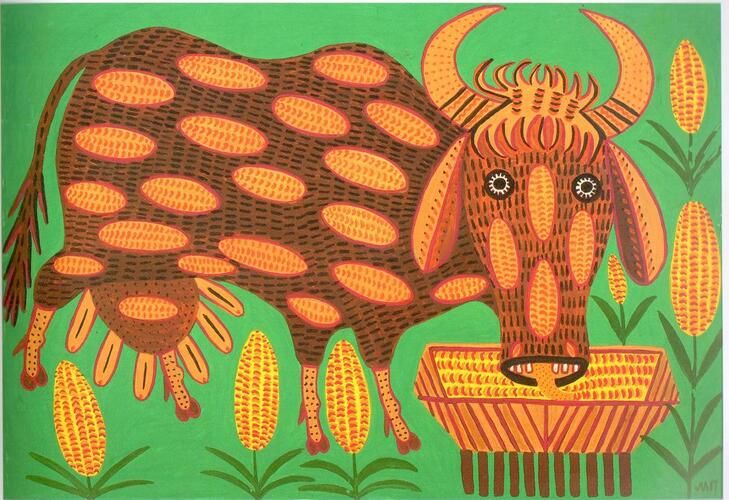 Maria Primachenko's artwork, "A Cow Like That Gives 5,000 Liters a Day," showcases her signature style with vivid colors and whimsical details, depicting a stylized cow in an imaginative scene. The Ukrainian artist, celebrated for her reinterpretation of folk art traditions, combines playful abstraction and vibrant patterns, reflecting her unique vision and cultural heritage.