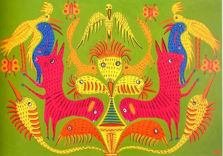 "Menagerie," from the collection by Maria Primachenko, showcases vibrant, fantastical creatures characterized by whimsical patterns and striking colors, emblematic of Ukrainian folk art. Primachenko, celebrated for her imaginative and mythical motifs, brings a magical, dreamlike quality to her work with intricate details and bold contrasts.
