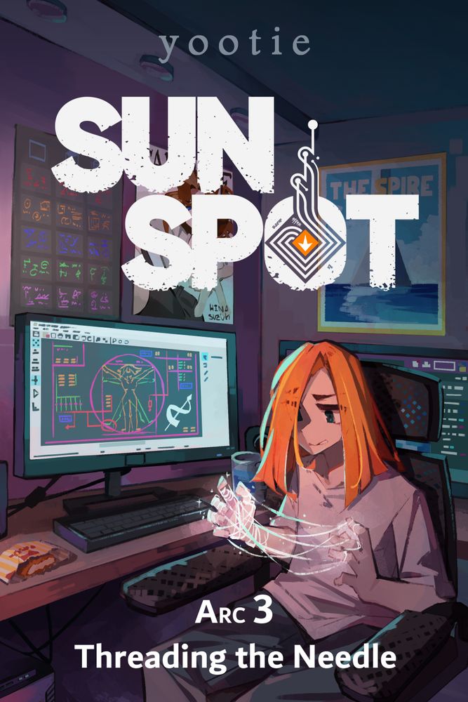 Ezzen is sitting in his PC's chair, weaving his Flame with a frustrated expression. On the monitor next to him is a GWalk diagram of a "vitruvian magical girl", including a small symbol of Ez's spear. On the walls behind the monitor are posters of the lexicon of glyphs, Hina, and the Spire. Also on his desk are a half-eaten Famichiki and a Spire mug. Ezzen is very cute.