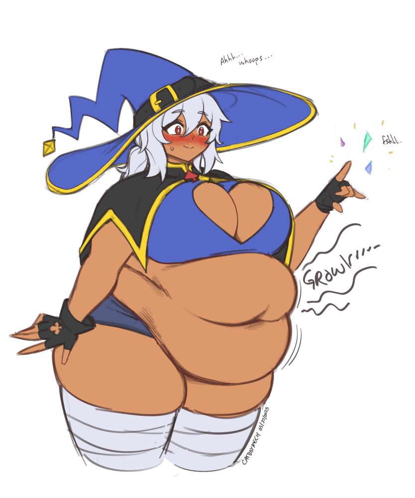 Cirana (sketched by catboymech) and her tummy letting her know she's too low on mana to cast a spell