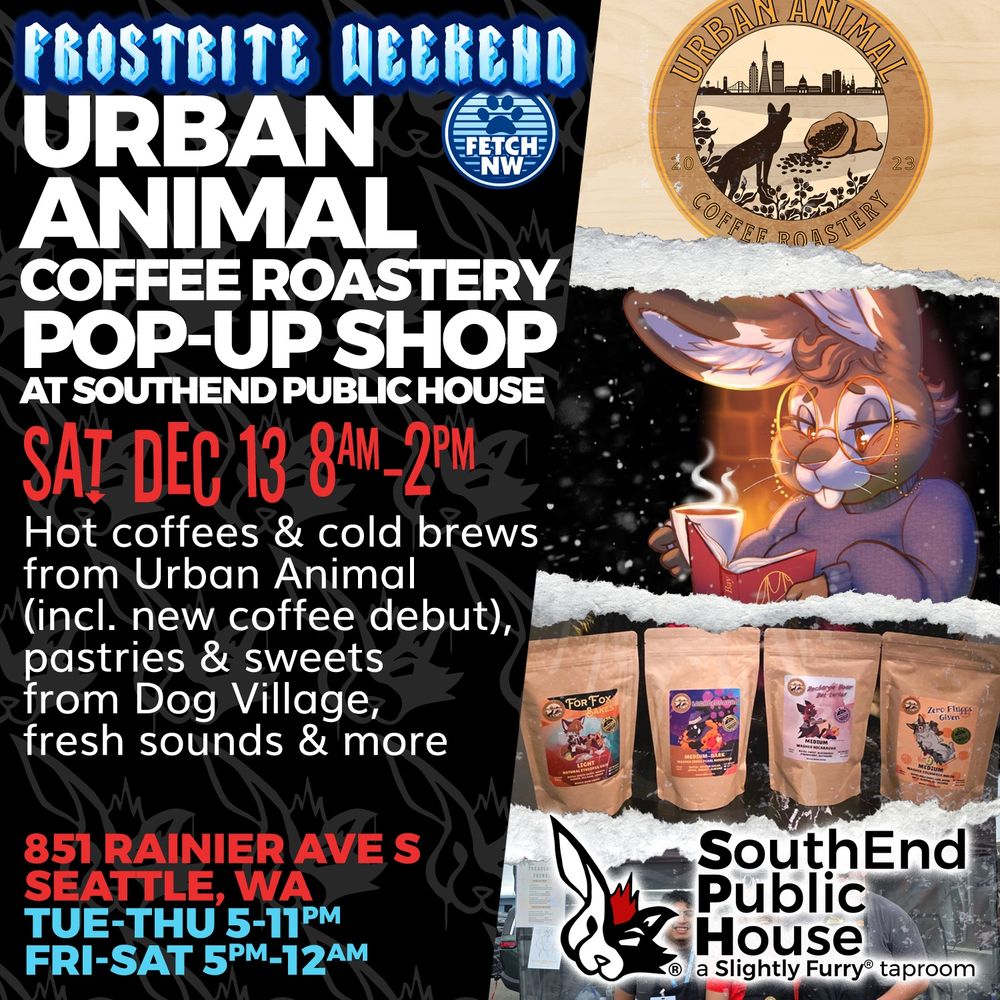 Urban Animal Coffee Roastery Pop-Up Shop at SouthEnd Public House, Saturday December 13th from 8am to 2pm. Enjoy hot coffees & cold brews (including the debut of a new coffee from Urban Animal), pastries & sweets from Dog Village, fresh sounds & a surprise or two.