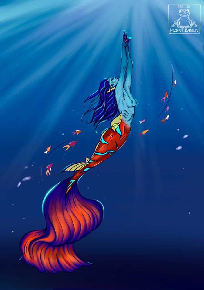 Mermaid with light blue skin, dark blue hair, and an orange and teal tail swimming up towards the surface. A small school of lesbian colored fish swimming up with her