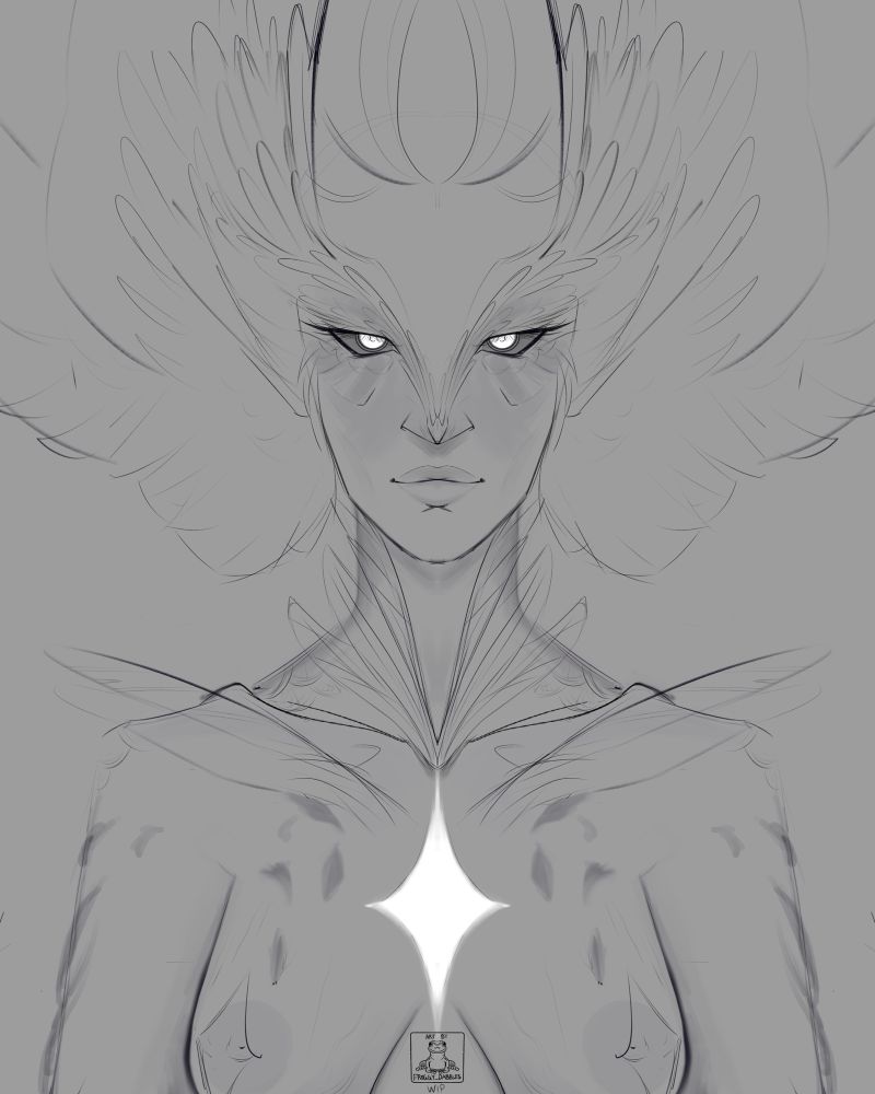 WIP of thunderbird concept art for Into Your Storm webcomic. Feathers come from all parts of the skin, wings extend from the sides of the head. The thunderbird slightly smiles. (Non-simplified version of Tempest’s mom)