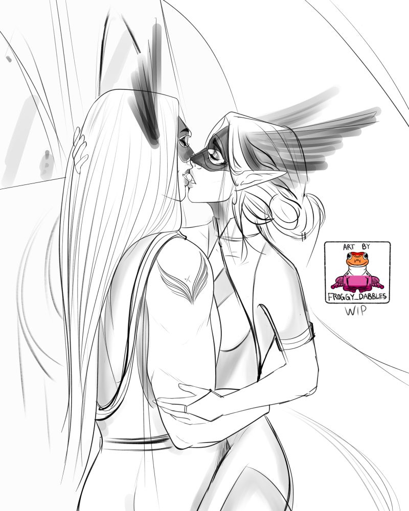 Myla(left) and Tempest(right) kissing outside a masquerade dance WIP.
