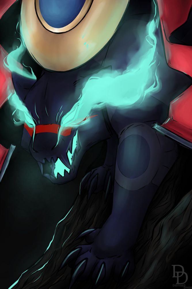 Art of Yaotl from Onyx Equinox. He is climbing down a tree trunk with glowing eyes and his disc and ribbons flowing around him. It is very dark, but the blues are very bright.