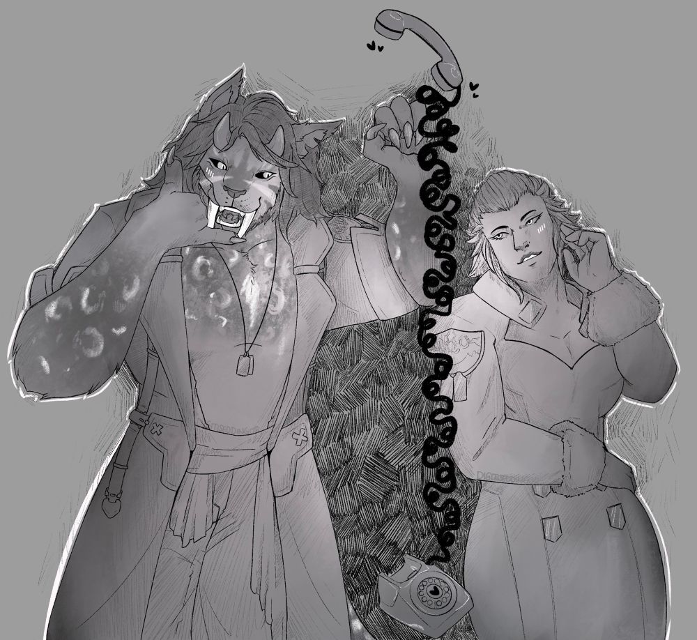 B/W art of Merlwyb and Starhunter looking at each other through a "barrier" made of an old corded telephone. They're smiling, Merlwyb with her hand to her ear imitating a linkshell call, Starhunter miming a telephone with thumb and pinkie finger.