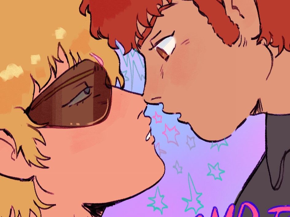cropped coseup of zeta era char and amuro's faces almost touching with a pastel spacey background