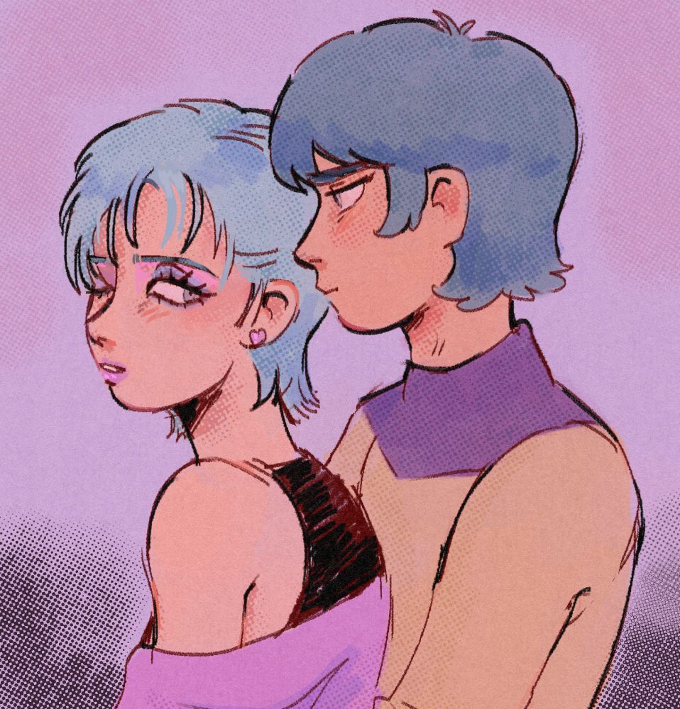 fanart of four murasame and kamille bidan from zeta gundam. kamille is holding four from behind 