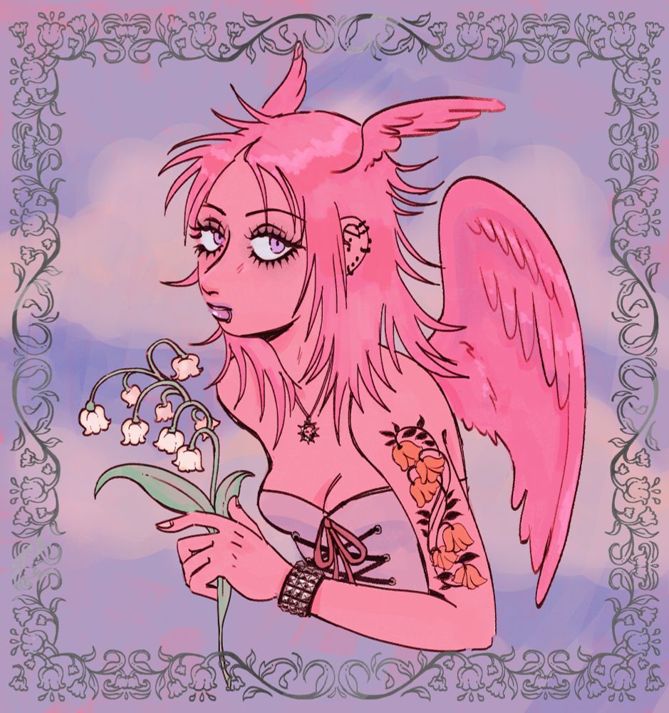 drawing of a pink angel girl with pink hair and wings and headwings. she's holding a sprig of lily of the valley, has a cool floral tattoo, jewelry, piercings, spiky eyelashes, and is wearing a light purple corset against a golden hour sky background. there is a floral decorative border around the whole drawing