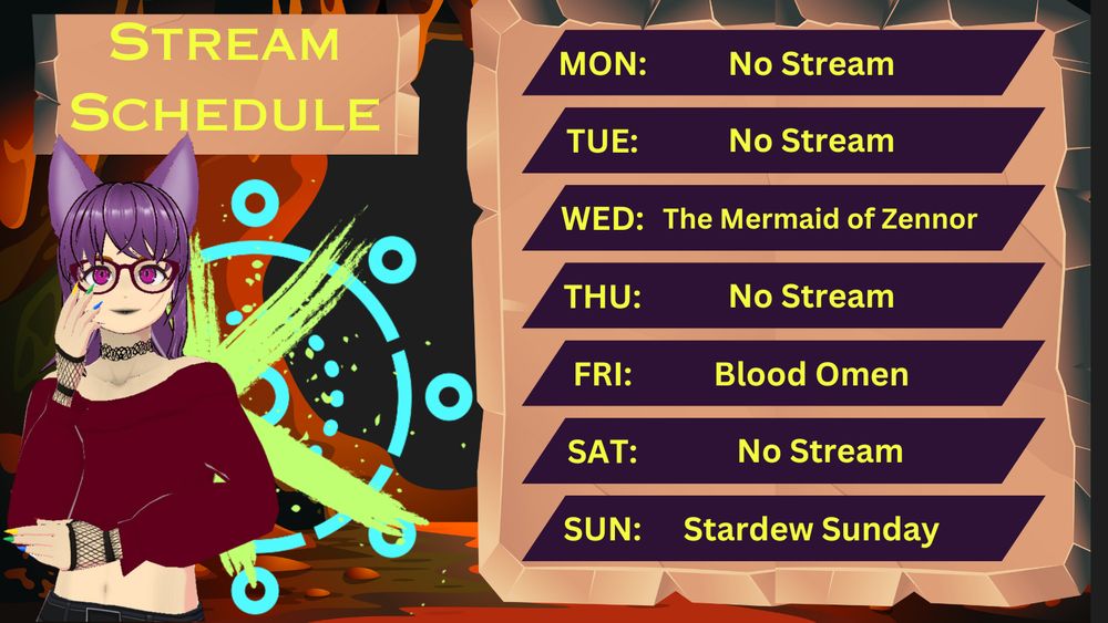 Stream schedule for The_Kasaki. It includes Wednesday: The Mermaid of Zennor, Friday: Blood Omen, and Sunday: Stardew Valley.