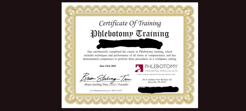 Photo of Kasaki's certificate of completion for Phlebotomy Training they received on June 23rd.