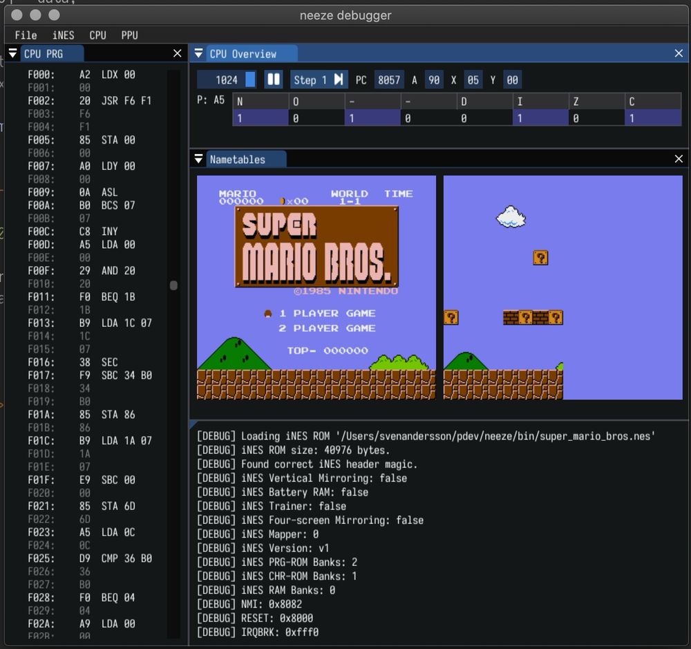 NES emulator called neeze, showing the debug tools with CPU overview, name tables and a CPU breakpoint/stepper panel.