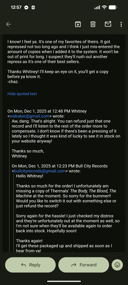 A very nice email exchange about an album being out of atock