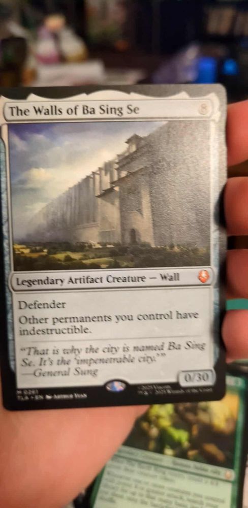 Magic the Gathering card "The Walls of Ba Sing Se," which is a legendary artifact creature - wall that costs 8 colorless mana and has 0/30 and makes other permanents you control indestructible 
