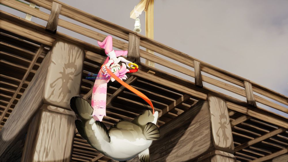 3D render done in Blender of my OC, Shea the Ferret. She hangs upside down between the guard rails of a beach pier to try and catch a fish. She uses her ribbon ring as a line and is pulling back to bring in a good sized fish she caught.