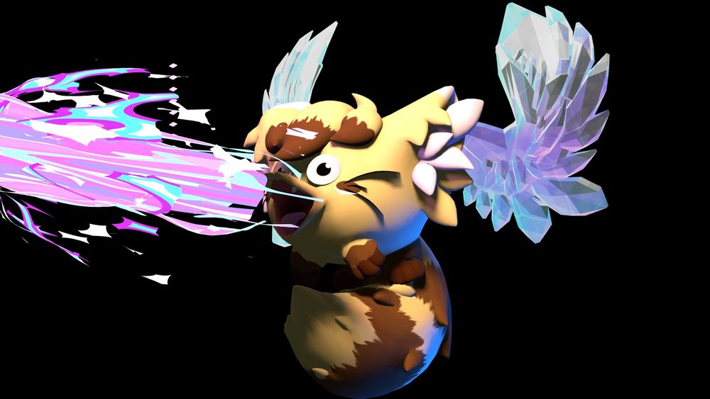 3D render of Firby done in Blender. Her mouth is stretched out to mimic the Marx face when he is about to shoot his laser. This version of the render has a laser beam effect from Simon's fire shader.