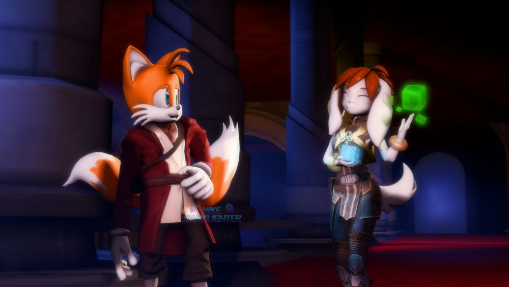 3D render done on Source Filmmaker of Tails and Milla dressed (bodyhacked) as Jedi in the temple. Tails is leaning towards a pillar as he greets Milla who is holding a holocron in her hands while demonstrating her alchemy with her green cubes. This was commissioned by ZeroBrony