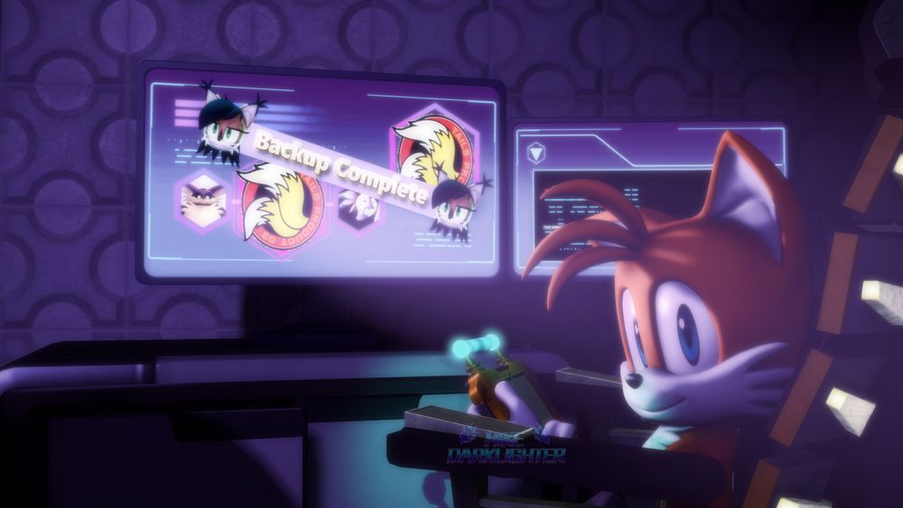 3D render done in Source Filmmaker featuring Tails from the Sonic franchise in front of his computer setup. A popup screen says "Backup complete" as Tails looks to the camera, offering a reminder to back up your files